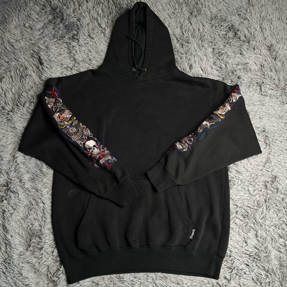 Dragonfly Hoodie Mens Large Black Pocket Skull Dice Embroidered